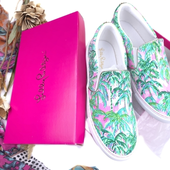 Lilly Pulitzer Shoes - New Lilly Pulitzer Women's Palm Print Slip-On Shoes - Green and Pink Sz …
